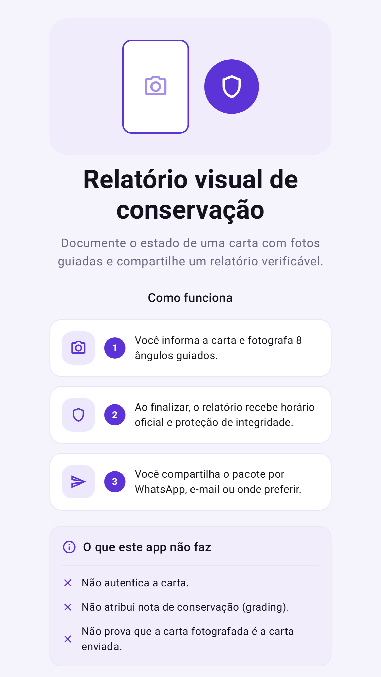 Tela de entrada do app, com o resumo de como funciona e os três limites declarados