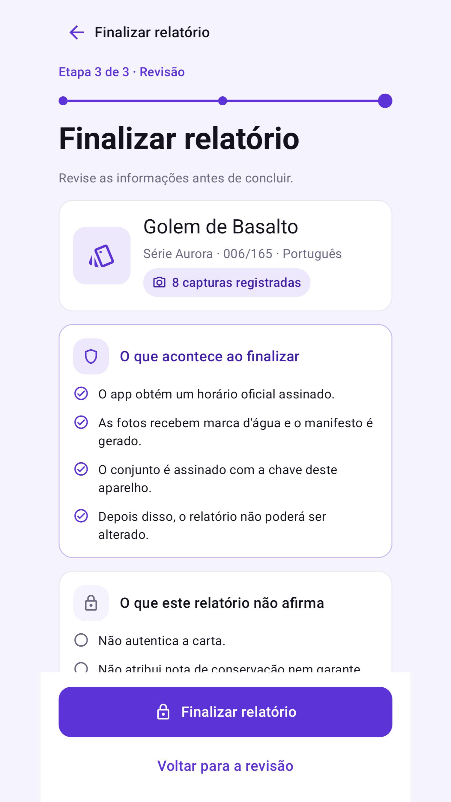 Tela de finalização, listando o que acontece ao concluir e o que o relatório não afirma